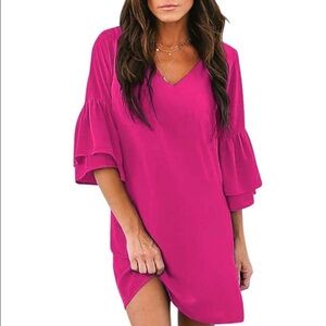 Pink V-Neck Dress with Ruffle Sleeves